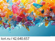 Colorful microplastic particles suspended in water, environmental pollution concept. Стоковое AI-изображение, AI-художник Евгений Харитонов / Фотобанк Лори
