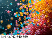 Colorful microscopic particles suspended in water. microplastic pollution concept. Стоковое AI-изображение, AI-художник Евгений Харитонов / Фотобанк Лори