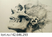 Artistic portrait of a human skull with abstract elements.,    Generative AI. Стоковое AI-изображение, AI-художник Анна Кривицкая / Фотобанк Лори