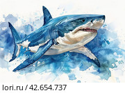 Shark, watercolor on a white background,    Generative AI. Стоковое AI-изображение, AI-художник Анна Кривицкая / Фотобанк Лори