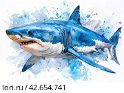 Shark, watercolor on a white background,    Generative AI. Стоковое AI-изображение, AI-художник Анна Кривицкая / Фотобанк Лори