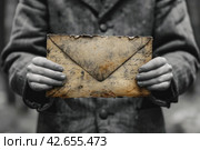 Hands of a man in a coat holding an old, yellowed envelope. The envelope looks frayed and tattered at the edges.    Generative AI. Стоковое AI-изображение, AI-художник Анна Кривицкая / Фотобанк Лори