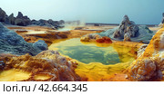 Landscape with mineral deposits around a hot hydrothermal water outlet in a volcanic region. Стоковое AI-изображение, AI-художник Евгений Харитонов / Фотобанк Лори
