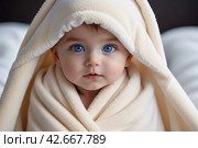 Милый малыш с голубыми глазами укутан в полотенце | Cute baby with blue eyes wrapped in a towel. Стоковое AI-изображение, AI-художник Данил Рыбаков / Фотобанк Лори