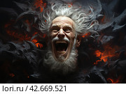 An old man with white hair and a beard, whose face expresses ecstatic or perhaps insane joy.,    Generative AI. Стоковое AI-изображение, AI-художник Анна Кривицкая / Фотобанк Лори
