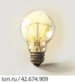 Incandescent light bulb on a light background. The tungsten filament, glass cylinder and lamp base are visible,    Generative AI. Стоковое AI-изображение, AI-художник Анна Кривицкая / Фотобанк Лори