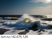 Atmospheric scenery Dramatic Baltic sea, waves and water splashes on breakwaters. Nature north cloudscape on coast ocean. Environment with fickle weather, climate change. Stormy, abstract backgrounds. Стоковое AI-изображение, AI-художник Aleksandr Golubev / Фотобанк Лори