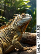 land iguana (Conolophus subcristatus) endemic to Galapagos islands. Lizards (Conolophus) in tropical animal world. Observation of wildlife area. Holiday adventure in Ecuador. Стоковое AI-изображение, AI-художник Aleksandr Golubev / Фотобанк Лори