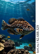 Malabar grouper swimming in tropical underwaters. Grouper in underwater world. Observation of animal world. Scuba diving adventure in South Africa coast of RSA. Стоковое AI-изображение, AI-художник Aleksandr Golubev / Фотобанк Лори