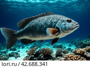 Malabar grouper swimming in tropical underwaters. Grouper in underwater world. Observation of animal world. Scuba diving adventure in South Africa coast of RSA. Стоковое AI-изображение, AI-художник Aleksandr Golubev / Фотобанк Лори