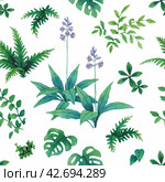 Watercolor seamless pattern with orchid, monstera leaves, fern and tropical plants. Hand drawn texture for your design. Стоковая иллюстрация, иллюстратор Карнаухова Елена / Фотобанк Лори