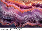 Close-up of an agate, a gemstone characterized by parallel bands of varying shades. Colors range from soft pink to deep burgundy, with vibrant crystal formations and whitish tops. Стоковое AI-изображение, AI-художник Анна Кривицкая / Фотобанк Лори