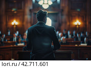 Lawyer addressing a courtroom during a trial session. Стоковое AI-изображение, AI-художник Антон Гвоздиков / Фотобанк Лори
