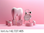 3D illustration of a tooth model and other dental supplies on a pink background,  generated by AI. Стоковое AI-изображение, AI-художник Виталий Сова / Фотобанк Лори