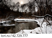 Речка в лесу, черная вода и белый снег, березка, касающаяся солнца. Московская область, Россия. Стоковое фото, фотограф Александр Пеньков / Фотобанк Лори