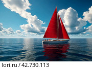 Sailboat with open scarlet sail in sea at blue sky with clouds horizon background. Luxury summer adventure on sailing yacht. Transportation, cruise, sailing, yachting concept. Copy text space. Стоковое AI-изображение, AI-художник Aleksandr Golubev / Фотобанк Лори