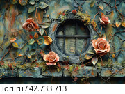 A door or round window reminiscent of a fairy tale or fantasy element, probably inspired by the Hobbiton style of Tolkien's works. Стоковое AI-изображение, AI-художник Анна Кривицкая / Фотобанк Лори