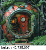 A creative piece of nature integrated into an industrial object, reminiscent of a round door or porthole, covered in thickets and lichen, which creates the atmosphere of a post-apocalyptic world or an abandoned utopian society. Стоковое AI-изображение, AI-художник Анна Кривицкая / Фотобанк Лори