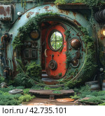 A creative piece of nature integrated into an industrial object, reminiscent of a round door or porthole, covered in thickets and lichen, which creates the atmosphere of a post-apocalyptic world or an abandoned utopian society. Стоковое AI-изображение, AI-художник Анна Кривицкая / Фотобанк Лори