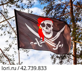 Пиратский флаг "Веселый Роджер" с изображением черепа в красной бандане и саблями улыбается под порывами ветра. Стоковое фото, фотограф Олег Елагин / Фотобанк Лори