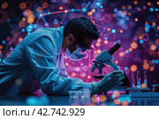 Scientist works in a laboratory using a microscope. Various chemical test tubes and bottles are visible, as well as brightly glowing molecular structures in the air, creating a sense of cutting-edge research and scientific discovery. Стоковое AI-изображение, AI-художник Анна Кривицкая / Фотобанк Лори