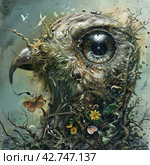 A fantasy image similar to a bird's head in a collage style where elements of nature are mixed with details of the bird. Стоковое AI-изображение, AI-художник Анна Кривицкая / Фотобанк Лори