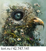 A fantasy image similar to a bird's head in a collage style where elements of nature are mixed with details of the bird. Стоковое AI-изображение, AI-художник Анна Кривицкая / Фотобанк Лори