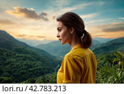 Rear view of lady enjoy at landscape Adam's peak mountain at tropical journey Sri Lanka, Ella, posing. From behind of adult woman in yellow jacket at landmark nature background. Copy ad text space. Стоковое AI-изображение, AI-художник Aleksandr Golubev / Фотобанк Лори