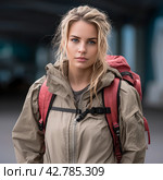 Sporty american woman backpacking - AI generated. Стоковое AI-изображение, AI-художник Данил Руденко / Фотобанк Лори