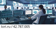 A girl doctor in a large diagnostic center sits on a chair in front of monitors. Panoramic banner. Стоковое AI-изображение, AI-художник Ярославский Максим / Фотобанк Лори