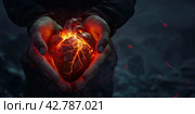 Glowing Illustration Of Human Heart In Hands Highquality Photo. Стоковое AI-изображение, AI-художник Ярославский Максим / Фотобанк Лори