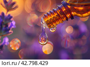 Lavender essential oil pouring from dropped into an amber bottle against a lavender flowers. Dropper filled herbal oil is pouring against blooming field, close-up. Health care, relaxation. Spa massage. Стоковое AI-изображение, AI-художник Марина Демидюк / Фотобанк Лори