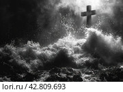 A cross set among stormy sea waves, splashes and foam. The composition is filled with strength and movement, emphasizing the perhaps symbolic clash between human trials and unshakable faith. The image expresses spiritual resilience and struggle, perhaps redemption or purification through difficulties. Стоковое AI-изображение, AI-художник Анна Кривицкая / Фотобанк Лори