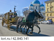 Упряжка пары лошадей скачет по Измайловскому проспекту мимо полкового собора Лейб-гвардии Измайловского полка - Троицкого собора. Санкт-петербург (2024 год). Редакционное фото, фотограф Александр Алексеев / Фотобанк Лори