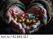 Горсть таблеток для пожилого человека. Стоковое AI-изображение, AI-художник Щеголева Ольга / Фотобанк Лори