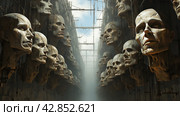 A surreal scene with many floating faces in space that seem to be part of a complex structure or machine. The style is reminiscent of fantasy or post-apocalyptic worlds. The faces have expressive but motionless features and are connected to each other by metal structures, creating a feeling of strangeness and unusualness. Стоковое AI-изображение, AI-художник Анна Кривицкая / Фотобанк Лори