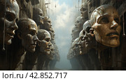 A surreal scene with many floating faces in space that seem to be part of a complex structure or machine. The style is reminiscent of fantasy or post-apocalyptic worlds. The faces have expressive but motionless features and are connected to each other by metal structures, creating a feeling of strangeness and unusualness. Стоковое AI-изображение, AI-художник Анна Кривицкая / Фотобанк Лори