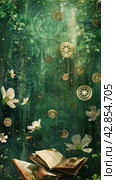 A mystical and ephemeral scene where an airy Chinese clock hangs among the branches and leaves against the backdrop of a magical forest. Below is an open book with seemingly ancient pages in an unidentified language. Lotus flowers are scattered around, floating in the air along with mysterious fireflies and small symbols. All this creates the atmosphere of an enchanted place filled with magic. Стоковое AI-изображение, AI-художник Анна Кривицкая / Фотобанк Лори