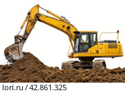 Excavator at Work on Construction Site. Стоковое AI-изображение, AI-художник Кирилл Черезов / Фотобанк Лори