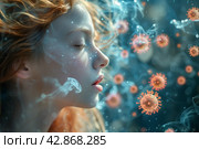 Рыжеволосая молодая девушка вдыхает вирусы. Стоковое AI-изображение, AI-художник Евгения Анисимова / Фотобанк Лори