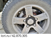 Подтекание масла ступицы переднего колеса легкового автомобиля LADA NIVA 212300-80 (NIVA Trevel) (2024 год). Редакционное фото, фотограф Владимир Литвинов / Фотобанк Лори