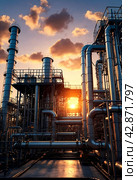 Petroleum industrial plant with pipeline and pipe rack at sunset sky background. View of chemical factory. Industrialization and industry technology concept. Gen ai illustration. Copy ad text space. Стоковое AI-изображение, AI-художник Aleksandr Golubev / Фотобанк Лори