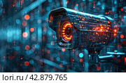 Cold CCTV camera on blue background, reflecting the ruthless gaze of security technology. Стоковое AI-изображение, AI-художник Юрий Поздников / Фотобанк Лори