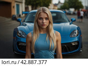 A beautiful blonde girl at an auto sound competition. Car music. Subwoofers, amplifiers, acoustics. Car audio system. Стоковое AI-изображение, AI-художник Александр Поташев / Фотобанк Лори