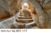 Bedrock tunnel with stairs leading to light in historic site. Стоковое AI-изображение, AI-художник Юрий Поздников / Фотобанк Лори