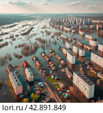 Подтопление улиц города паводковыми водами во время весеннего половодья. Введение режима Чрезвычайной Ситуации. Весенний городской пейзаж, вид с воздуха. Стоковое AI-изображение, AI-художник Sergei Gorin / Фотобанк Лори