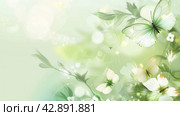 This serene spring background features delicate butterflies dancing amongst a soft-focus scene of blooming flowers and lush greenery, awash in light and a gentle blue hue. Стоковое AI-изображение, AI-художник Lena Bereberdina / Фотобанк Лори