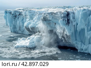 Ice calving from the edge of melting antarctic ice shelf, aerial view. Стоковое AI-изображение, AI-художник Евгений Харитонов / Фотобанк Лори