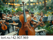 Orchestra with violins in the garden. Стоковое AI-изображение, AI-художник Анна Кривицкая / Фотобанк Лори