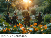 Orchestra with violins in the garden. Стоковое AI-изображение, AI-художник Анна Кривицкая / Фотобанк Лори